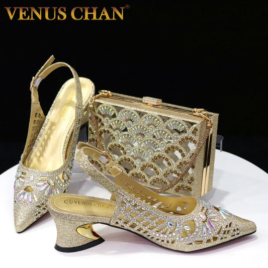 Venus Chan 2023 Newest INS Style Gold Color Elegant Party High Heels Nigeria Popular Design African Ladies Shoes And Bag Set