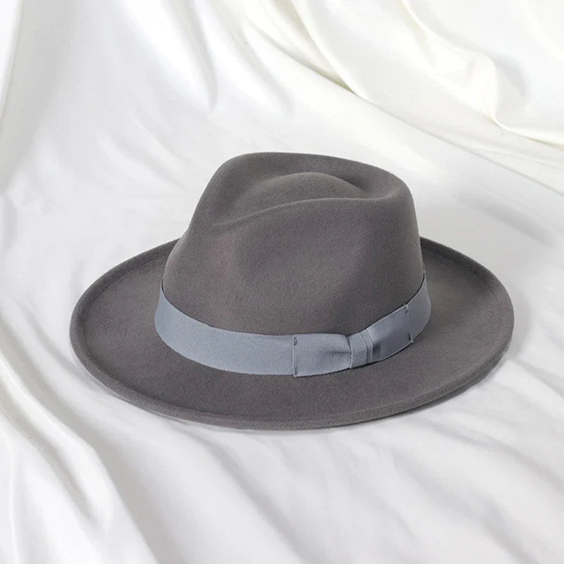 2022 New Fashion Men Fedoras Hat Women's Jazz Hat with Bow Tie Elegant Spring Black Woolen Blend Cap Outdoor Casual Felt Hat