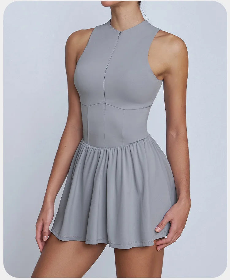 BIANHUI Women's Summer Sundress Fake Two-Piece Stand Collar Dress Running Anti-Exposure Base Layer A Flared Tennis Skirt