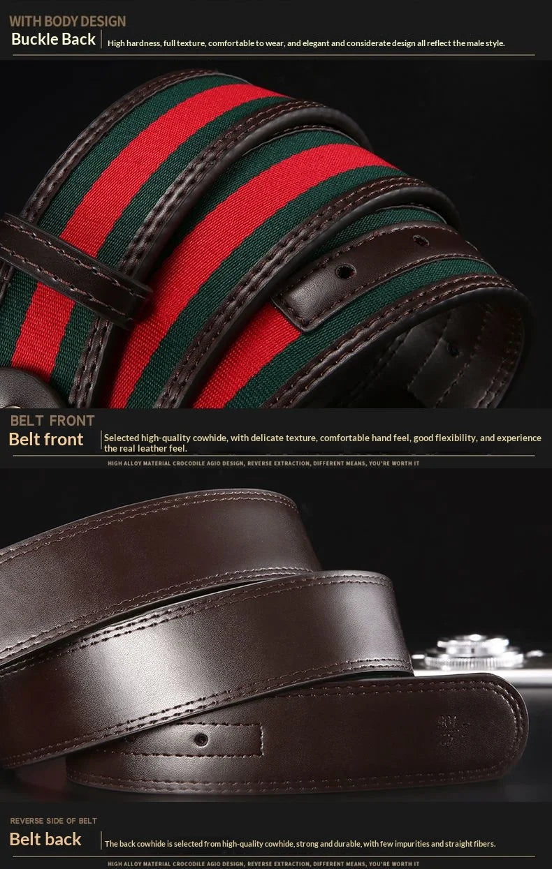 2026 New Unisex Red Green Stripe Belt 3.8cm - Durable Canvas Designer Waistband with Metal Logo, Trendy & Wear- Resistan