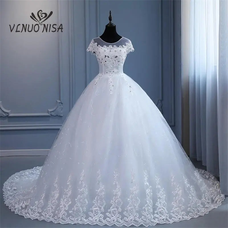 White Bridesmaid Dresses: Plus Size Wedding Dress with Sleeve O Neck Brides Dress Floor