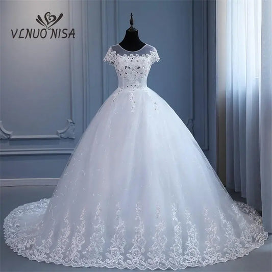 White Bridesmaid Dresses: Plus Size Wedding Dress with Sleeve O Neck Brides Dress Floor