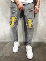 Men's Casual Creative Street Style High Stretch Paint Splatter Ripped