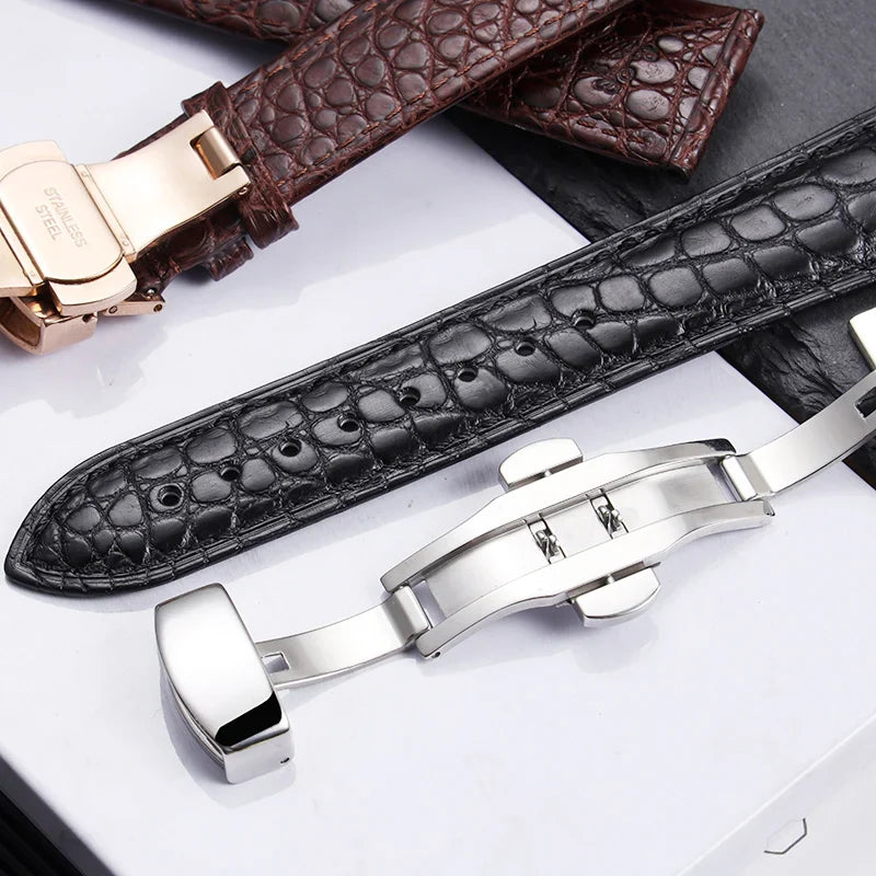 High quality Two-sided Crocodile Skin leather watch strap Butterfly clasp 19mm 20mm 21mm 22mm men metal Watchband soft bracelet