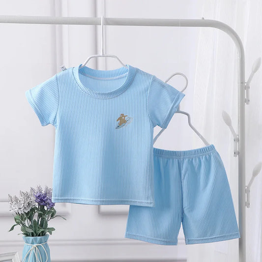 1-7Y Baby Boy Clothes Set Summer Breathe Ice Silk Toddler Girl Outfit Tops+Pant 2Pcs Sleepwear Suit Kid Children Clothes A1070