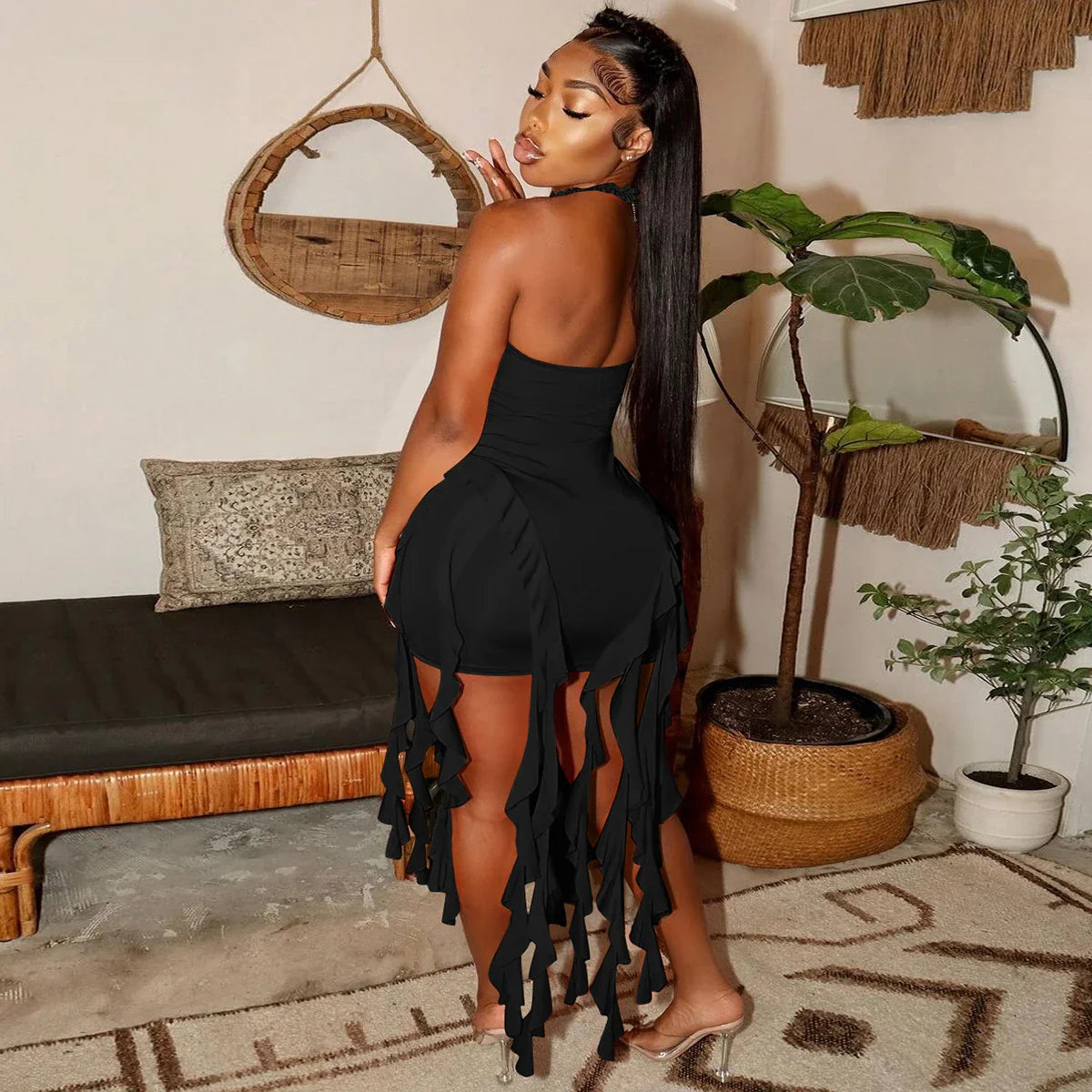 Hugcitar Elegant Halter Solid Ruffles Backless Taseel Sexy Slim Mini Dress Spring Women Cute Outfits Birthday Party Vacation