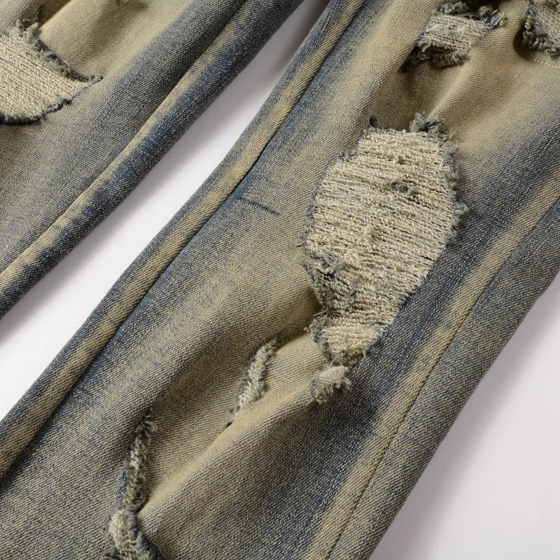 Men Snake Embroidery Denim Jeans Vintage Blue Snakeskin Leather Patch Stretch Pants