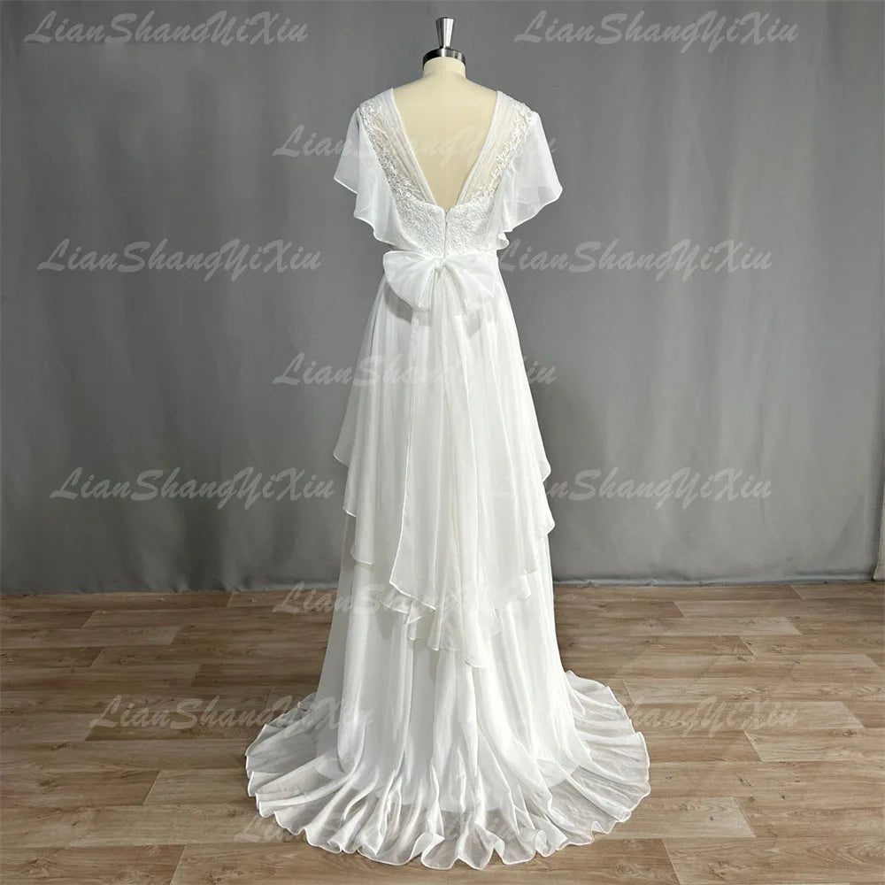 White Bridesmaid Dresses: Boho V-Neck Wedding Dresses Chiffon A Line Short Sleeves