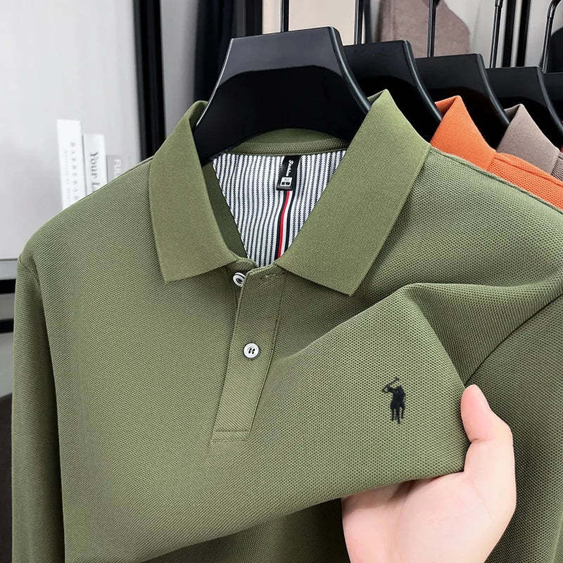 100% pure cotton autumn and winter men's fashion sports brand embroidered pony long sleeved POLO shirt business casual T-shirt