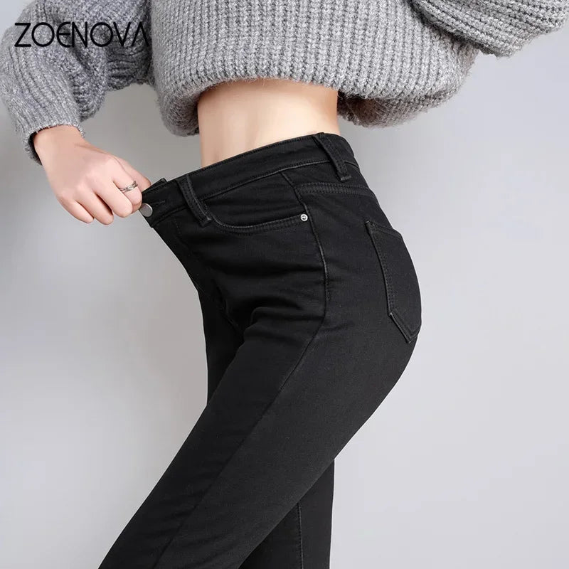 Women Thick Velvet Jeans Fleece  Warm Korean Fashion High Waist Skinny Elastic Pants