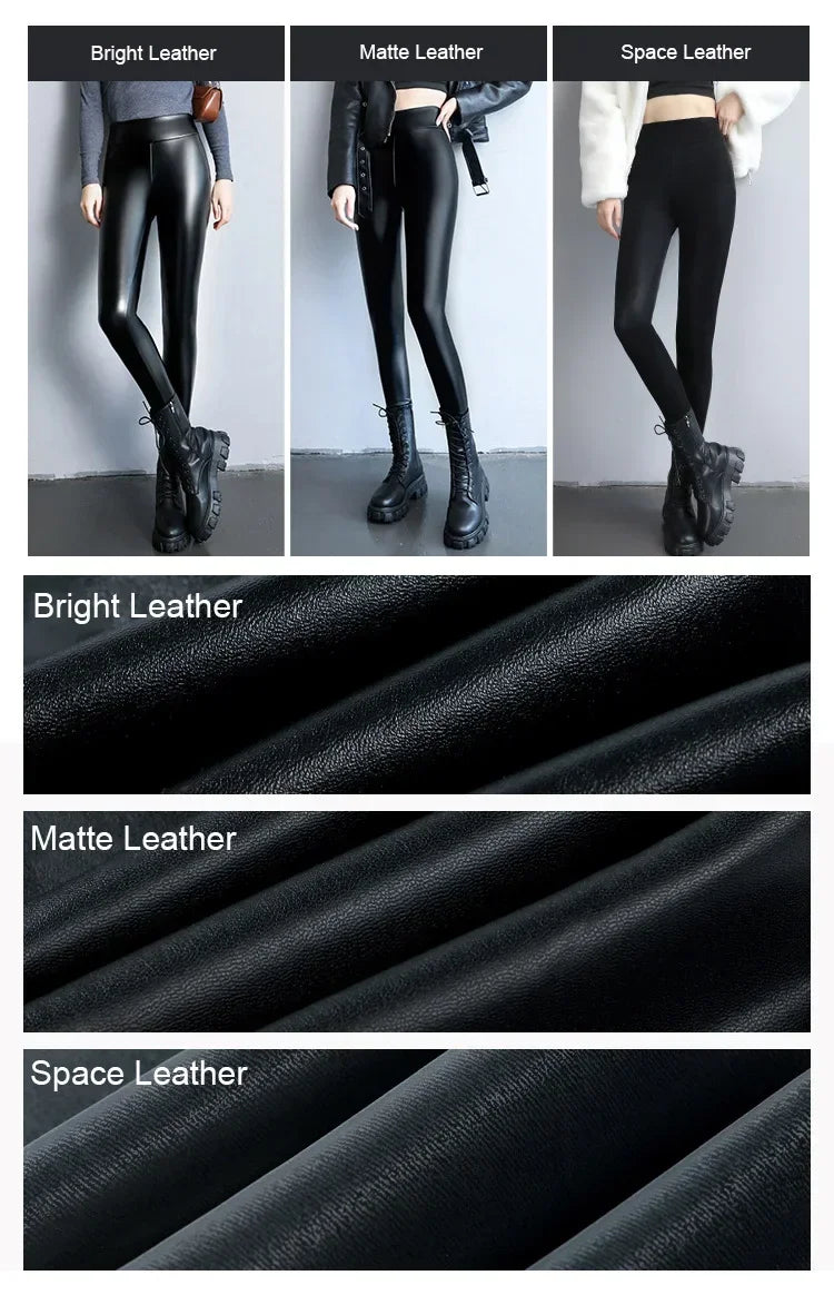 Women's Pants Velvet PU Leather Leggings Winter Ladies High Waist Fleece