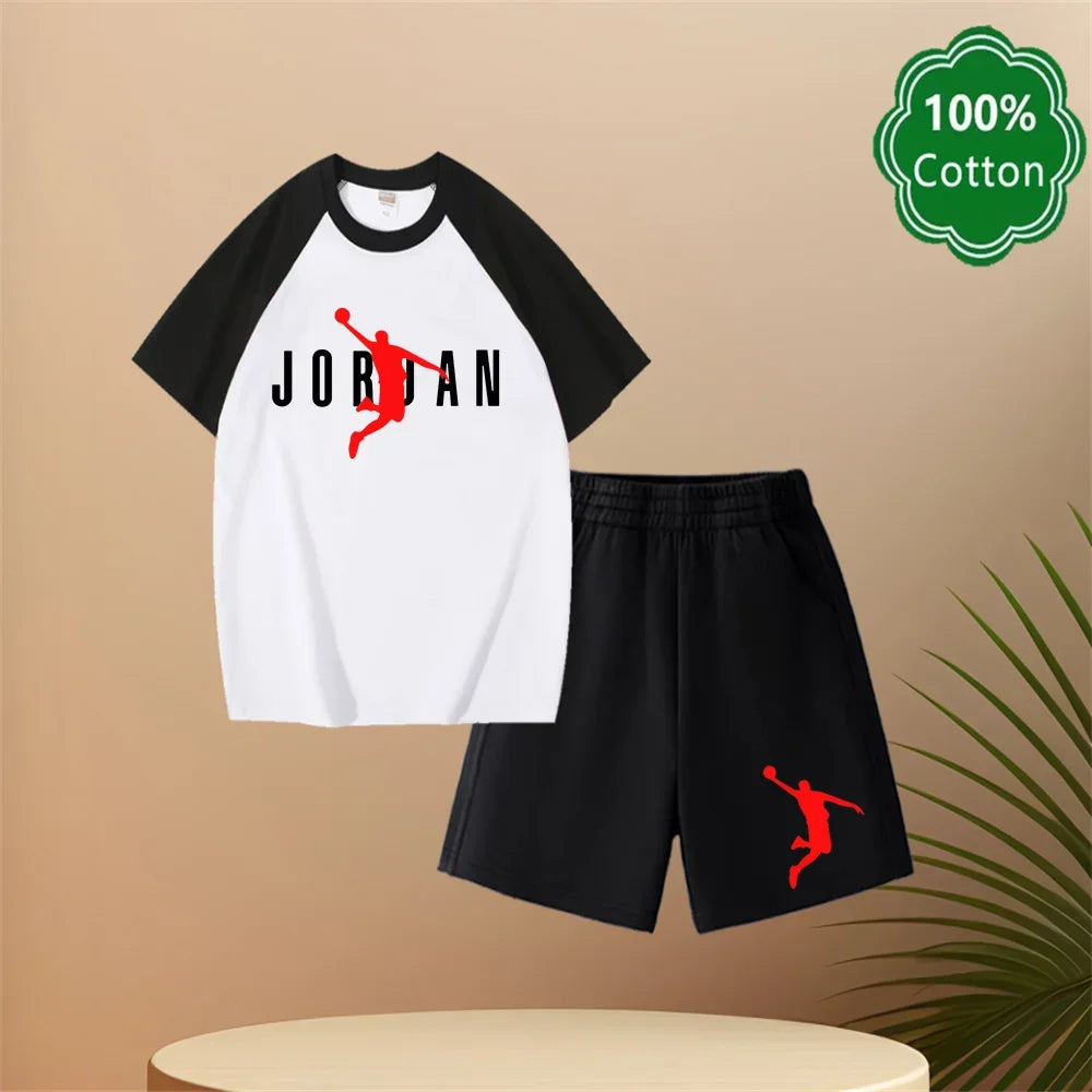 Summer New 3-14 Years Old Top Design Classic Set 100% Cotton Jordan Print T-shirt Casual Shorts Harajuku Boys/girls Gift