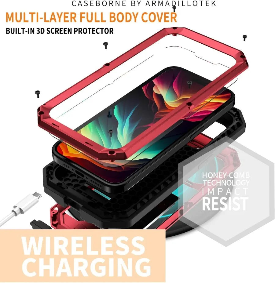Heavy Duty Rugged Metal Case for iPhone, Case for iPhone 17 16 15 14, 13 Pro Max, Screw Military Shockproof Cover with Screen Ca