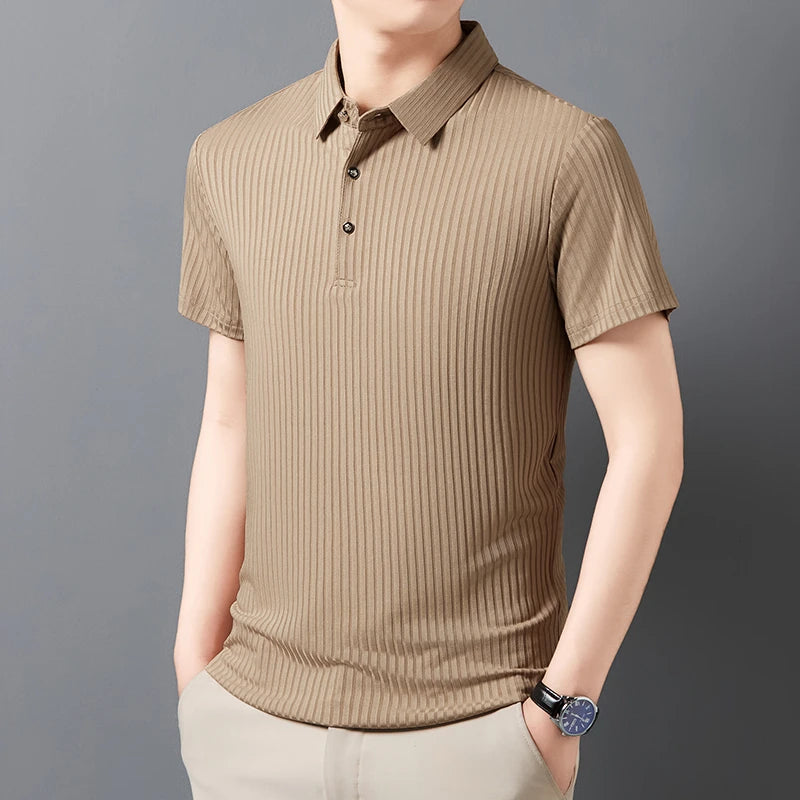 2025 New Men's Casual Fashion Striped Short Sleeved Collar Polo Shirt Breathable and Comfortable Summer Versatile T-shirt