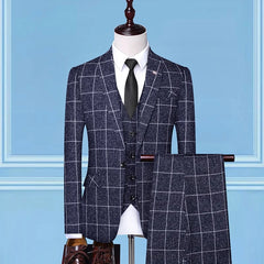 British Style Men Plaid Vest Blazer Pants 3 Pieces Set / Male Fashion High End