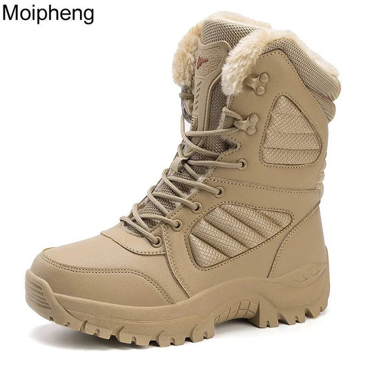 Moipheng Military Leather Boots for Men Army Platform Shoes Warm Plush Female Plus Size Winter Ankle Boots Climbing Hiking Shoes