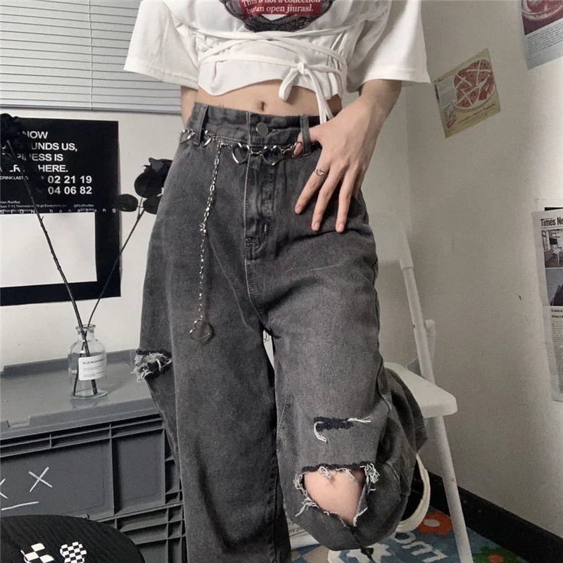 Vintage Streetwear Dark Gray Jeans Women Y2K High Waist Ripped Denim Trousers