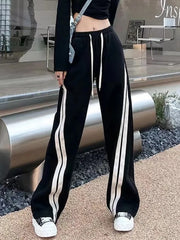 Zoki Streetwear Fashion High Waist Black Sweatpants Women Korean Lace Up Striped