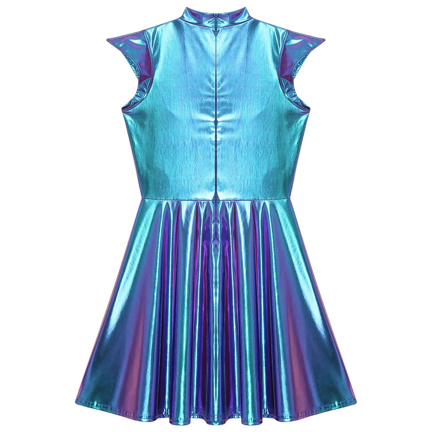Womens Cocktail Dress Shiny Metallic Dress Alien Space Cap Sleeve High Waist A-line Dress for Halloween Party High Street Dress