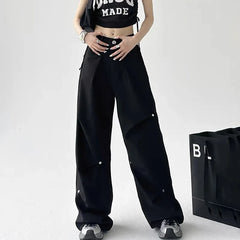 Y2K Black Cargo Pants Women Vintage Loose Wide Leg Pleated Trouser