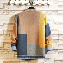 Korean Style Fashion Knit Cardigans Sweater Patchwork Color Couple Jacket