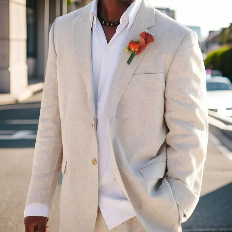 Beach Wedding Outfit Men: Linen Wedding Tuxedo for Groom Beige American Style