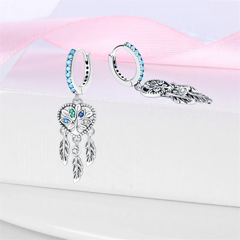 New in 925 Silver Romantic Feather Moon Stars Dream Catcher Earrings For Women Trending Fashion Jewelry Creative Birthday Gifts