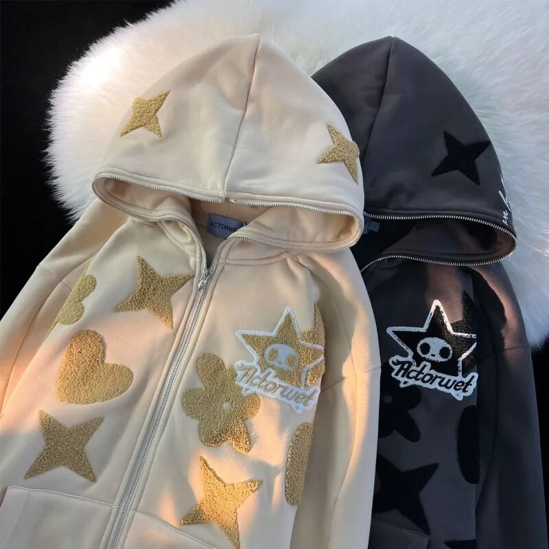 Women Retro Embroidery Hoodies Autumn Winter Zip Up Long Sleeve Loose Jacket Coats
