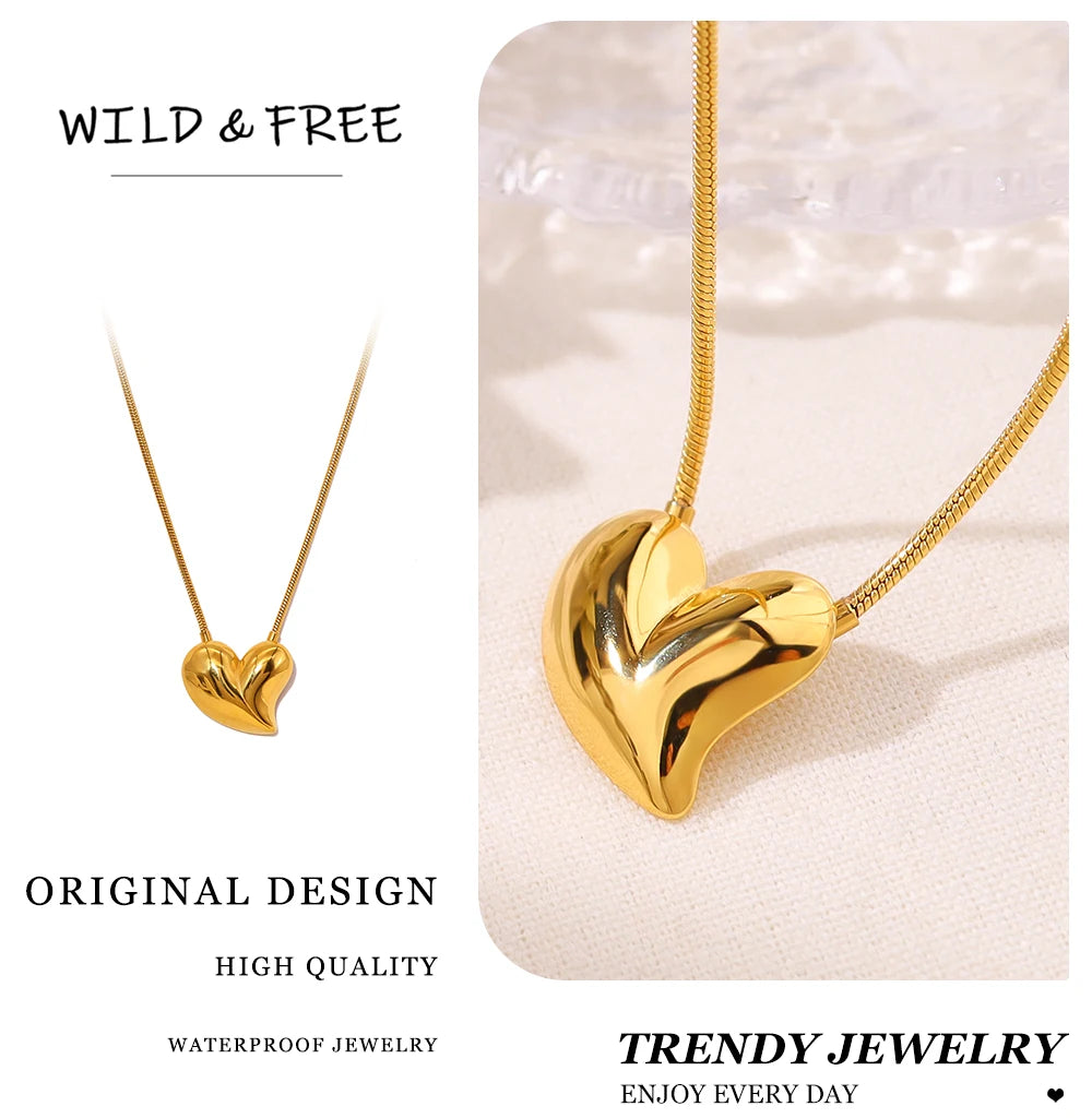 Stainless Steel Heart Pendant Necklace for Women Vintage Snake Chains Chic 18K Gold