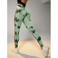 Women Tie Dye Mesh Leggings Sports Hollow Out Yoga Pants Fitness