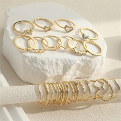 Fashion Simple Wave Joint Rings Set For Women Crystal Heart Shape Gold Silver