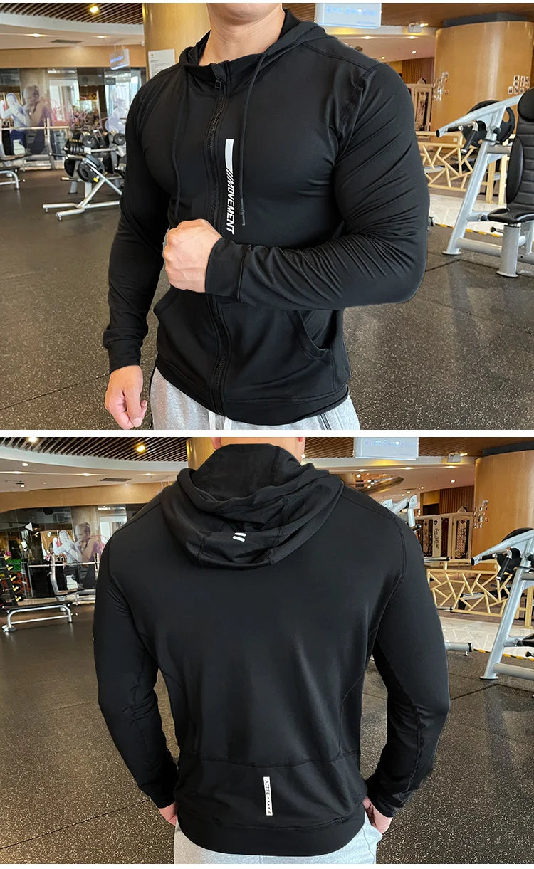 Men's Sports Hoodies Quick Dry Elastic Hooded Male Fitness Running Jackets Outdoor Gym