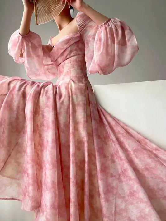 Formal attire Dresses: Pink Floral Elegant Woman Long Sleeve Chiffon Casual Midi Dress