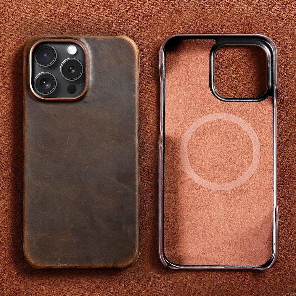 Magsafe Case for iPhone 17 Air 16 15 Pro Max Retro Luxury Full Grain Cowhide Genuine Oiled PULL-UP Leather Magnetic Cover