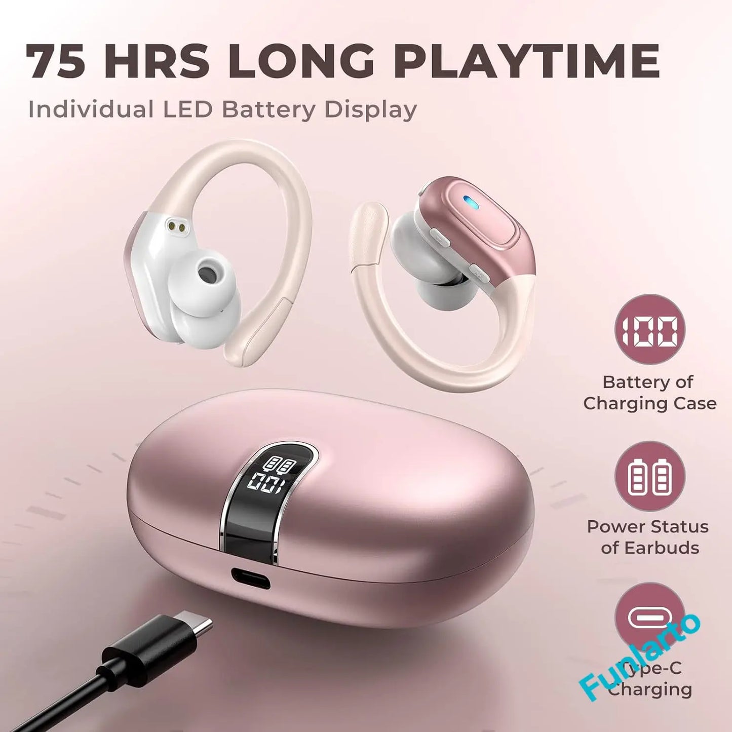 Sport Bluetooth 5.3 Earphones Earhook Headphones IPX7 Waterproof Wireless Earbuds 75 Hrs with LED Power Display Physical buttons