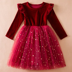 Red/Green Christmas Dress for Girls Winter Sequin Ruffle Long Sleeve Princess Dresses