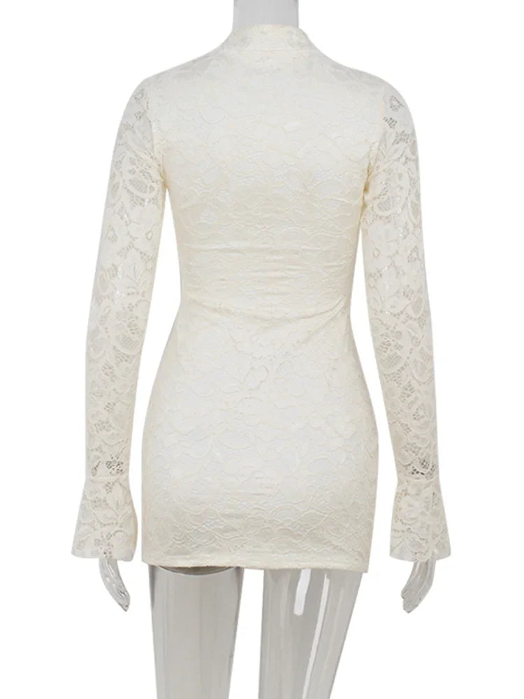 Ahagaga Sexy Lace Women's Mini Dresses Solid Sheer Hollow Out Turtleneck Long Flare Sleeves Sheath Bodycon Streetwear Vestidos
