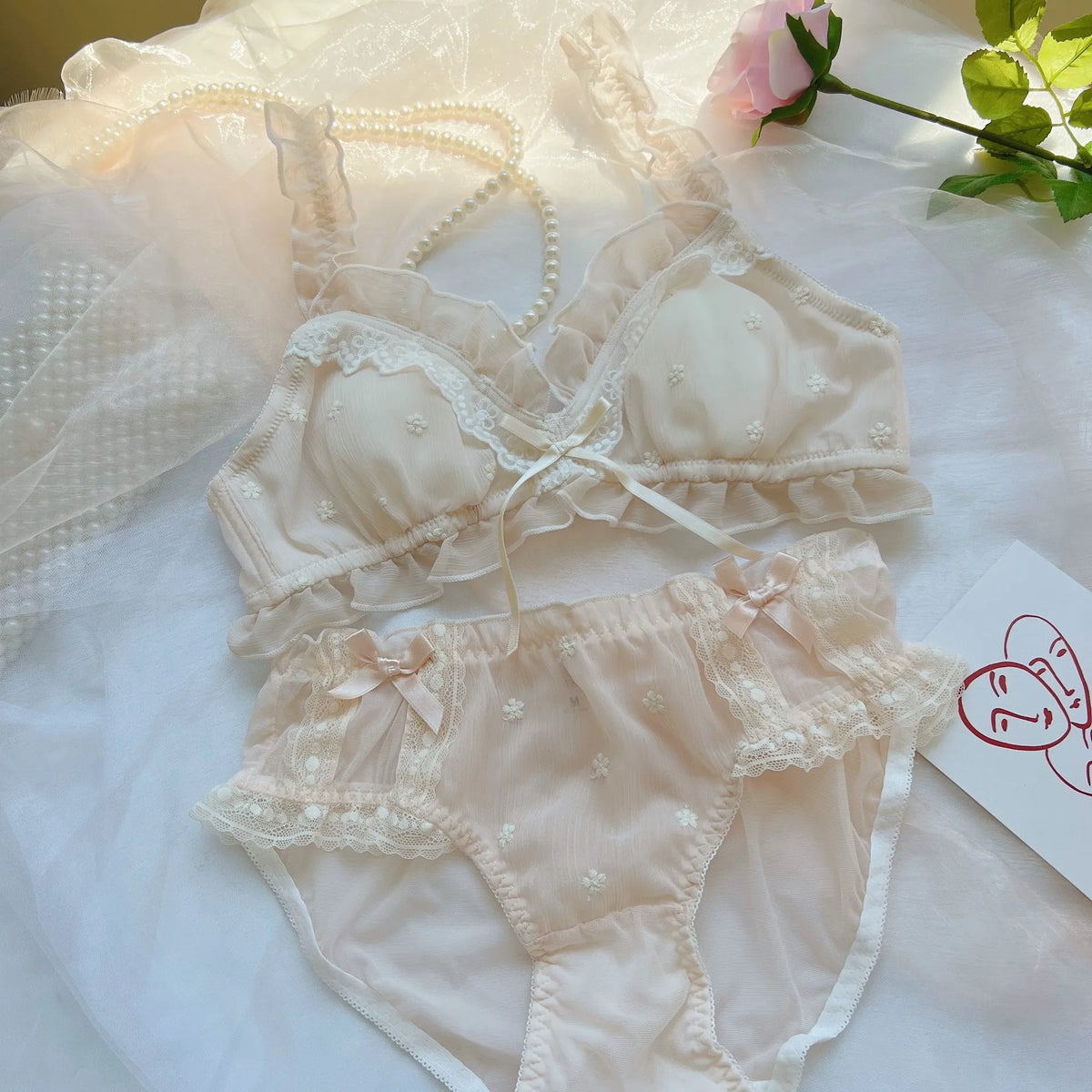 Romantic pure white girl underwear set small breast rabbit ear cup anti-bulge spot