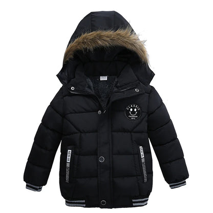 New Winter Boys Jacket Warm Fur Collar Fashion Baby Girls Coat Hooded Zipper Outerwear Birthday Gift 1-6 Years Kids Clothes