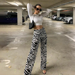 Zebra Print Wide Leg Pants Y2K Trousers High Waist Women Fashion Casual