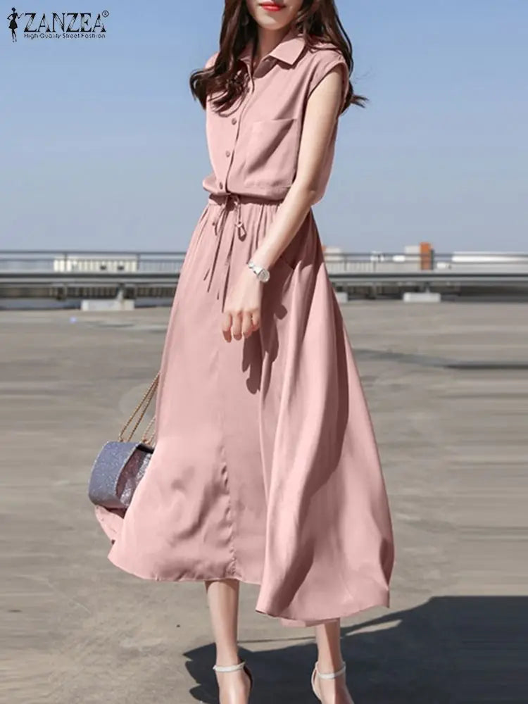 Evening wear Dresses: Office Work Dress Women Lapel Neck Sleeveless