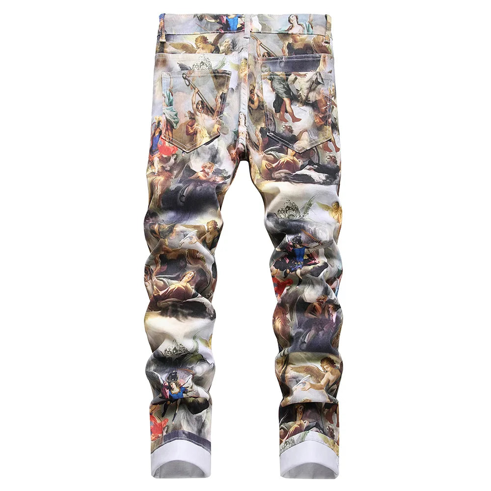 Men Classical Painting Print Jeans Fashion Angel Immortal Stretch Pants Slim