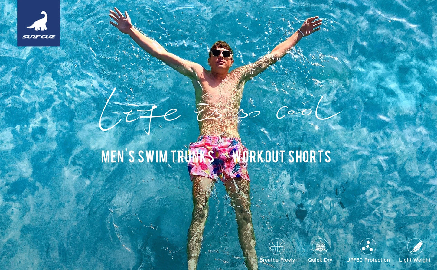 SURFCUZ Beach Men's Swim Shorts Flower 3D Printed Surfing Board Shorts Quick Dry with Mesh Lining and Pockets Struck Shorts