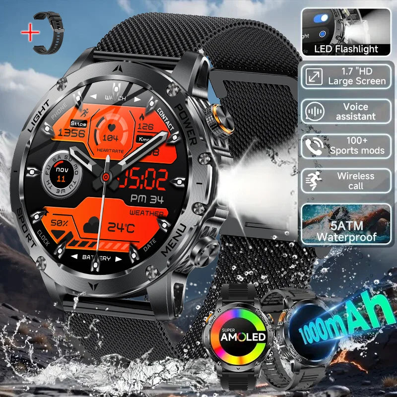 2025 New GPS Outdoor Sports Smart Watch Men AMOLED Screen NFC Flashlight Heart rate Waterproof Bluetooth Call 1000mAh SmartWatch
