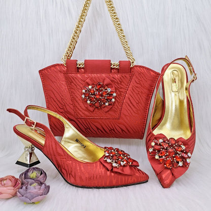 Gold Women Shoes Match Handbag With Big Crystal Decoration