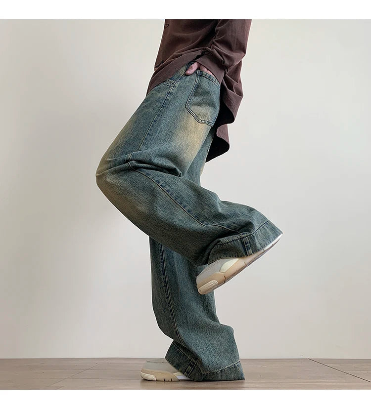 Distressed Vintage Blue Jeans Pants Men Wide-leg Denim Trousers Male