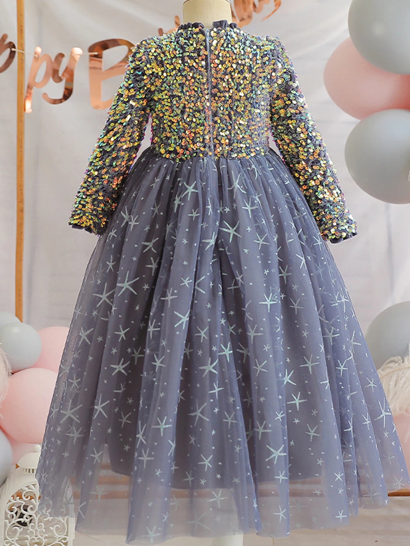 Baby Girls Elegant Unicorn Floral Graphic Print Mesh Gown Dress Clothes For Performance Party Gift Beaded luminescence