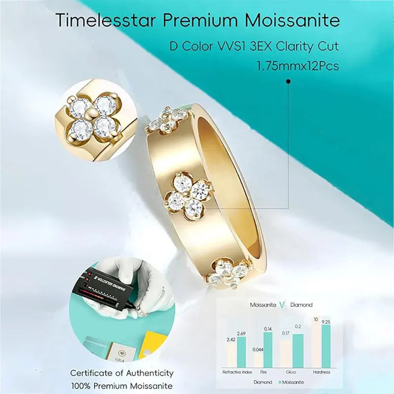 Ehhai Certified Moissanite Four-leaf Clover Wide Rings for Women Men 925 Sterling Silver Flower Bands Wedding Fine Jewelry Gifts