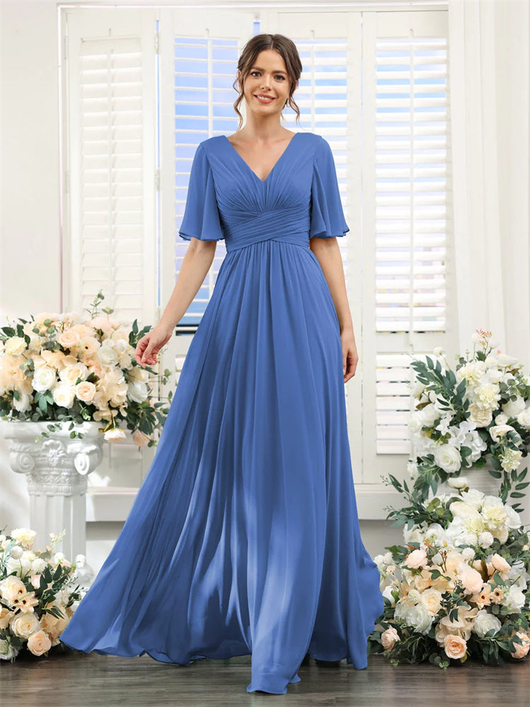 Evening wear Dresses: Half Sleeves Split Side Chiffon Bridesmaid Dresses