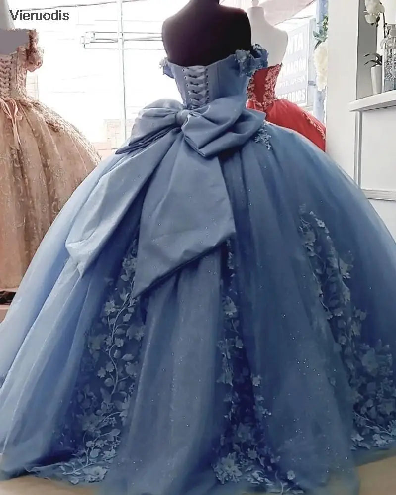 Evening wear Dresses: Blue Dresses Ball Gown Appliques Bow Knot Bodice Long